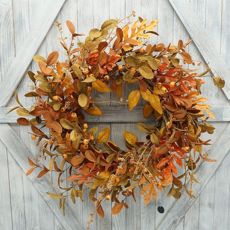 Photo 1 of Artificial Fall Wreath for Front Door Autumn Wreath with Bright Oak Leaves,Small Pumpkin,Berry Branches,Mixed Leaves for Farmhouse Indoor Outdoor Window Wall Door Decor
