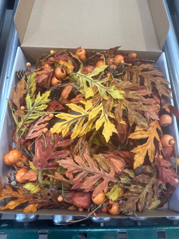 Photo 1 of Artificial Fall Wreath for Front Door Autumn Wreath with Bright Oak Leaves,Small Pumpkin,Berry Branches,Mixed Leaves for Farmhouse Indoor Outdoor Window Wall Door Decor
