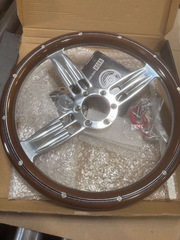 Photo 1 of Newworldmotoring 14" Inch Billet Polished & Wood Steering Wheel Bowtie Horn, 6 Hole, Passenger Car