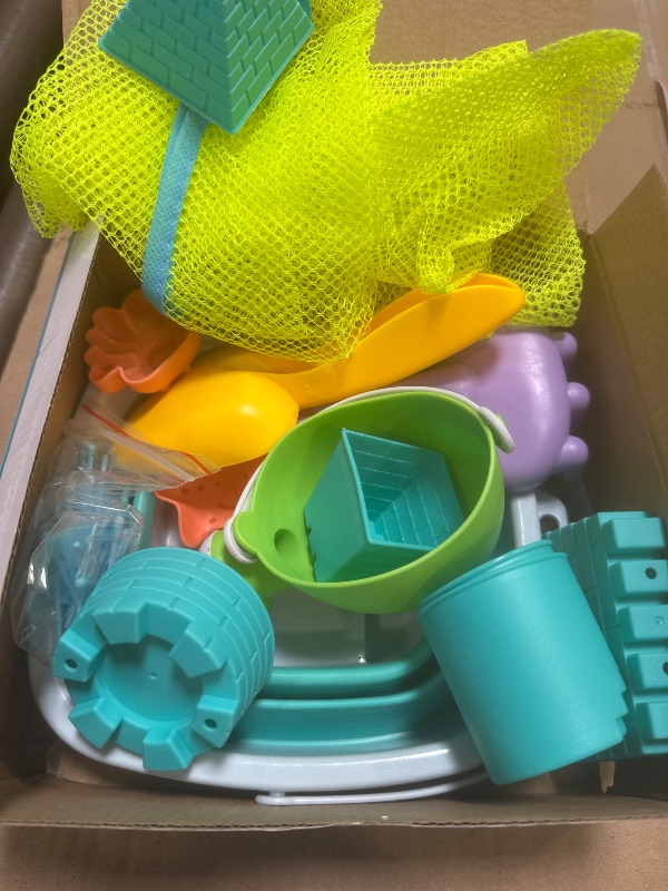 Photo 1 of RACPNEL Beach Toys Sand Set for Kids, Collapsible Bucket and Shovels with Mesh Bag, Molds, Flags, Sandbox Kids Toddlers, Travel (Tavel Size)
