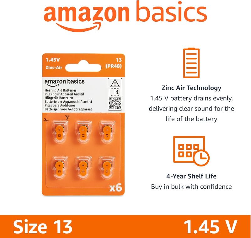 Photo 1 of Pack of 6 Amazon Basics Hearing Aid Size 13 Zinc-Air Batteries, 1.45 Volt, Orange Tab, 4-Year Shelf Life