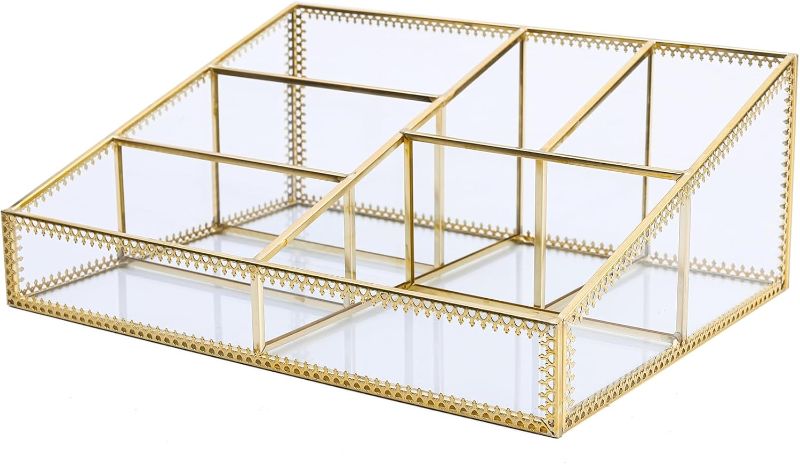 Photo 1 of Vintage Gold Makeup Organizer - Glass Makeup Organizer Countertop Organizer for Make-Up Brushes Vanity, Tabletop Organizer Display Case for Bathroom, Vanity, Drawers GJB001
