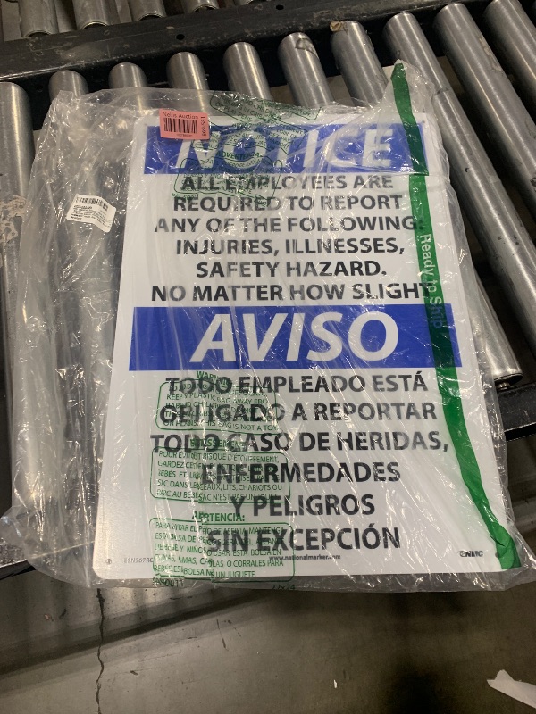 Photo 1 of NMC ESN367RC Bilingual OSHA Sign, Legend "NOTICE - ALL EMPLOYEES ARE REQUIRED TO REPORT ANY OF THE FOLLOWING:..., 14" Length x 20" Height, Rigid Plastic, Black/Blue on White