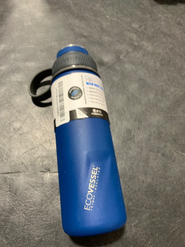 Photo 1 of EcoVessel Stainless Steel Water Bottle with Insulated Dual Lid, Insulated Water Bottle with Strainer and Silicone Bottle Bumper, Coffee Mug – 20oz (Navy Nightfall)