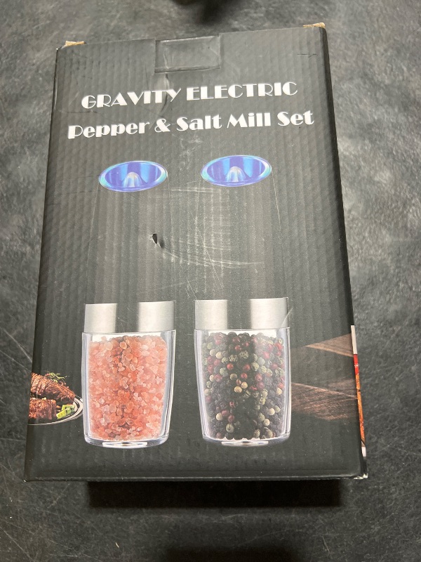 Photo 1 of Gravity Electric Salt and Pepper Grinder Set, Automatic and Battery-Operated with Adjustable Coarseness, LED Light, One Hand Operated By Rongyuxuan