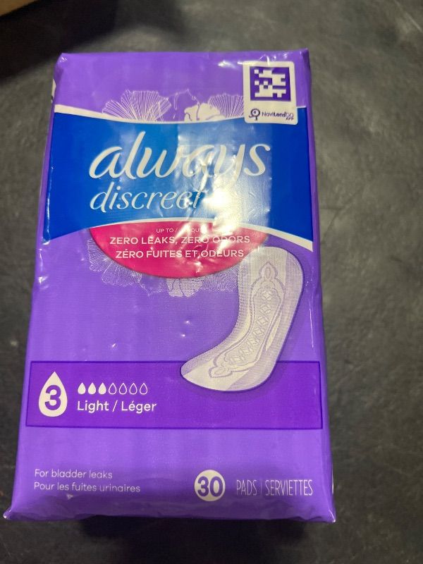 Photo 1 of Always Discreet, Incontinence Light Pads, 3 Drops, 30 Pads each (1 Pack)