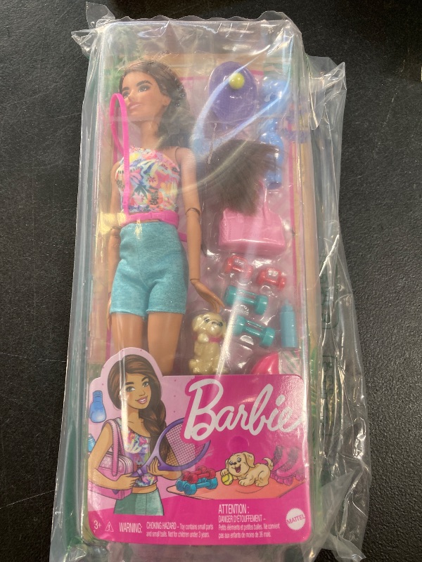 Photo 1 of Barbie Self-Care Doll, Brunette Posable Workout Doll with Puppy & Accessories Including Roller Skates & Tennis Rackets