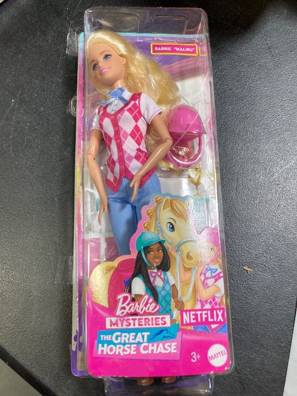 Photo 1 of Barbie “Malibu” Doll & Accessories from Mysteries: The Great Horse Chase, Includes Fashion Doll, Removable Riding Outfit & Helmet