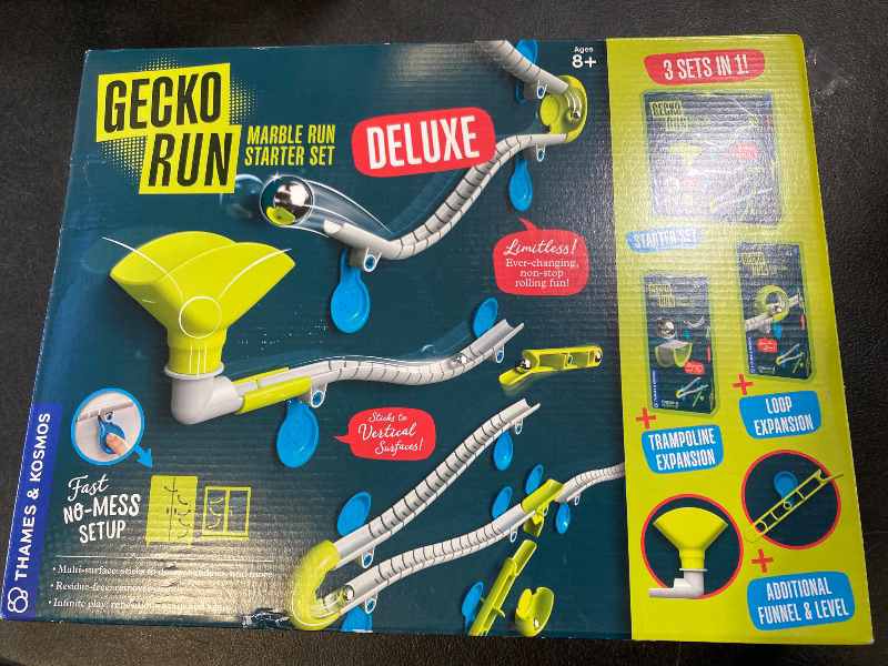 Photo 1 of Gecko Run Marble Run Deluxe Starter Set by Thames & Kosmos – Vertical Marble Run w/Flexible Tracks, Loop & Trampoline Tricks, Fast, No-Mess Setup, Residue-Free Nano-Adhesive Pads for Creative Play