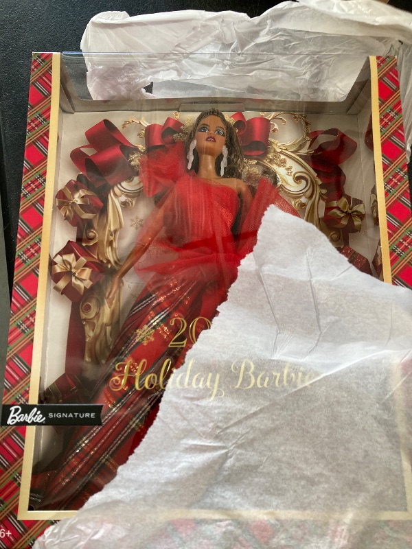 Photo 1 of Barbie Signature 2024 Holiday Doll with Light Brown Hair in Plaid Gown, Collectible Toy in Displayable Packaging