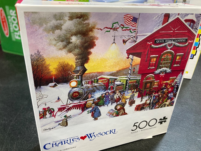 Photo 1 of Buffalo Games - Charles Wysocki - Whistle Stop Christmas - 500 Piece Jigsaw Puzzle Red, Violet, Green, 21.25"L X 15"W