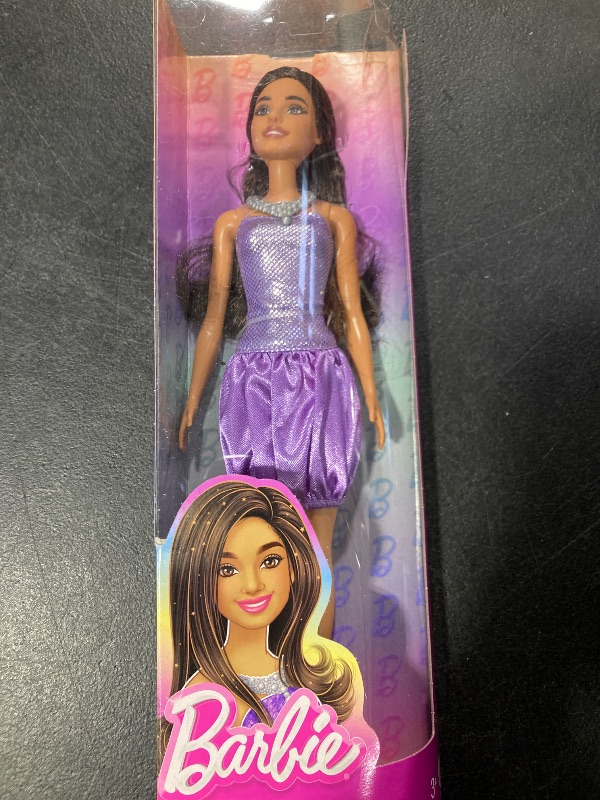 Photo 1 of Barbie Fashionistas Doll #234 with Brown Hair, Wearing Sequined Purple Bubble Dress with Satiny Skirt, Silvery Necklace and Heels