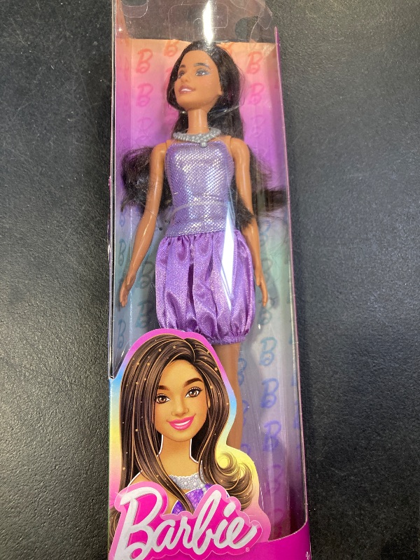 Photo 1 of Barbie Fashionistas Doll #234 with Brown Hair, Wearing Sequined Purple Bubble Dress with Satiny Skirt, Silvery Necklace and Heels
