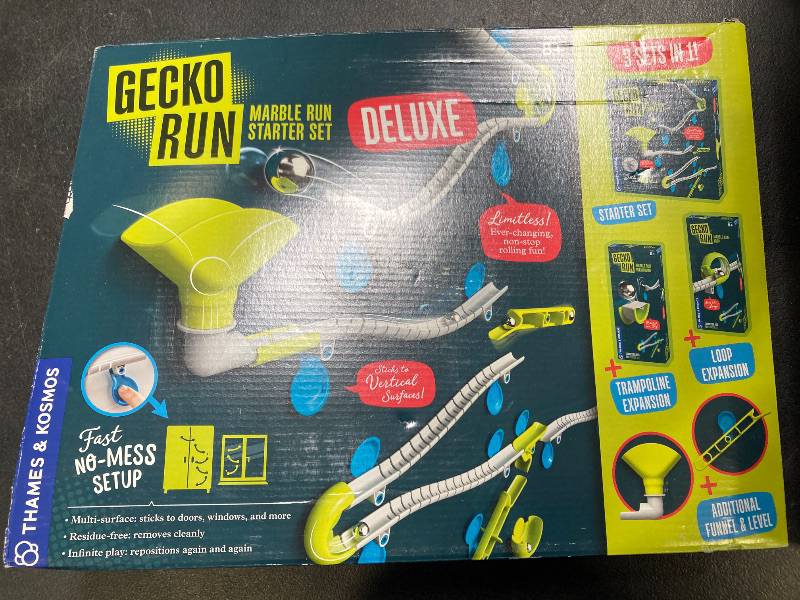 Photo 1 of Gecko Run Marble Run Deluxe Starter Set by Thames & Kosmos – Vertical Marble Run w/Flexible Tracks, Loop & Trampoline Tricks, Fast, No-Mess Setup, Residue-Free Nano-Adhesive Pads for Creative Play