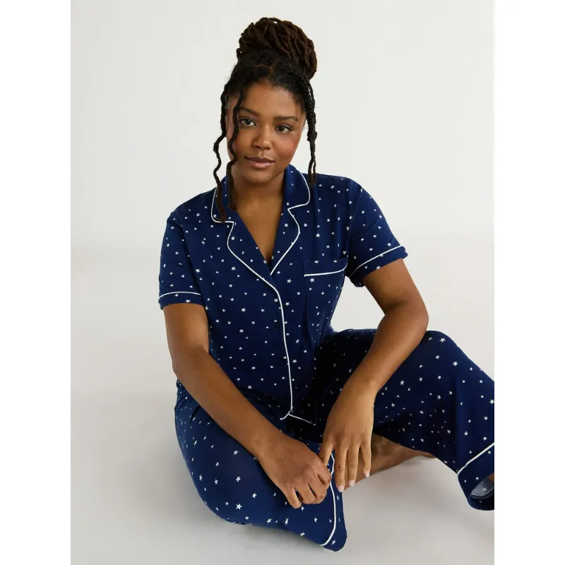 Photo 1 of Joyspun Womens Cotton Blend Notch Collar Top and Capri Pants Pajama Set, 2-Piece, Size S (4-6)