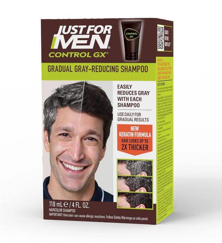Photo 1 of Just For Men Control GX Grey Reducing Shampoo, Gradual Hair Color with Keratin for Stronger Thicker and Healthier Looking Hair, 4 Fl Oz - Pack of 1 (Packaging May Vary)