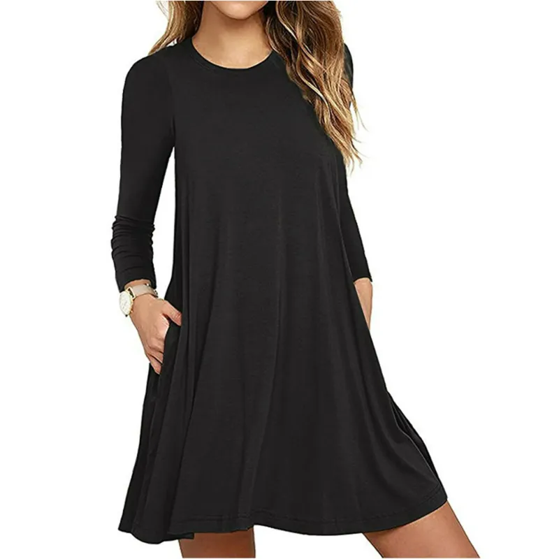 Photo 1 of Women's Spring T Shirt Dresses Summer Long Sleeve Round Neck Mini Dress Casual Loose Swing Dress with Pockets Blue XXL