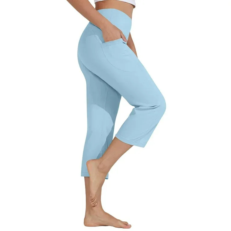 Photo 1 of Capri Pants for Women High Waist Workout Yoga Pants with Pockets Tummy Control Leggings Crop Straight Pants 77#Light Blue 3XL