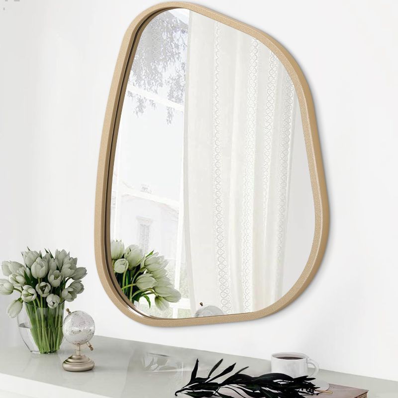 Photo 1 of Irregular Decorative Wall Mirror Bathroom Mirror Modern Oval Wall Mirror Asymmetrical Wooden Framed Wall Mirror Unique Shape Wall Mounted Vanity Artistic Mirror Decor for Living Room Bedroom

