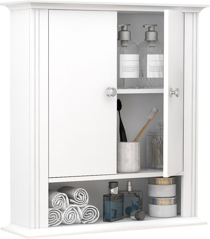 Photo 1 of Wall Mounted Bathroom Medicine Cabinet with 2 Doors, Hanging Bathroom Wall Cabinet Over Toilet, Upper Cabinet Storage Cupboard for Bathroom Kitchen Laundry Room, White
READ CLERK NOTES