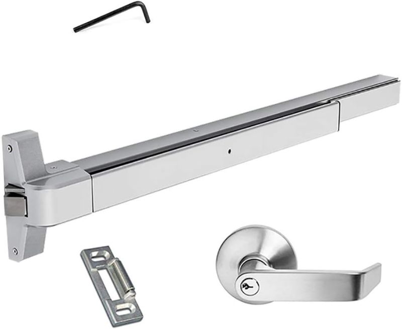 Photo 1 of Dynasty Hardware Push Bar Panic Exit Device for Emergency Exit Doors Painted Aluminum, with Exterior Lever Handle
