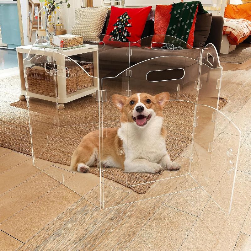 Photo 1 of Extra Wide House Dog Gate and Dog Playpen 2-in-1, Foldable 6 Panel Acrylic Indoor Fence, 24" Tall Free Standing Dog Play Pen for Home, Freestanding Dog Gate for Small Puppy Medium Dogs
