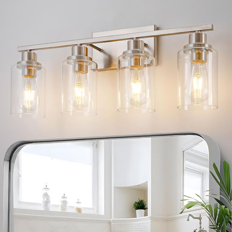 Photo 1 of 4 Light Bathroom Light Fixtures Brushed Nickel Vanity Light Over Mirror Modern Farmhouse Wall Lighting Sconces Wall Lamp for Bathroom, Bedroom, Living Room E26 Socket with Glass Shade
