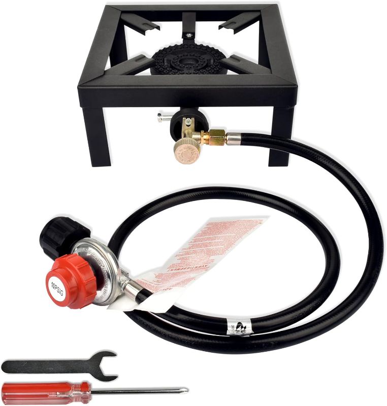 Photo 1 of Holwim Portable Single Burner Outdoor Gas Stove Propane Burner Cooker with CSA Certified Adjustable 0-10Psi Regulator & Hose Perfect for Camping, Home Brewing, BBQ, Turkey Fry, Maple Syrup Prep