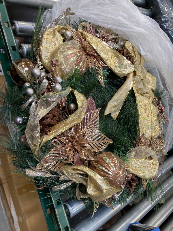 Photo 1 of Christmas Wreath, 40 cm Front Door Hanging Ornament with Christmas Baubles, Xmas Flowers, Ball, Bow and Pine Cones, Golden
