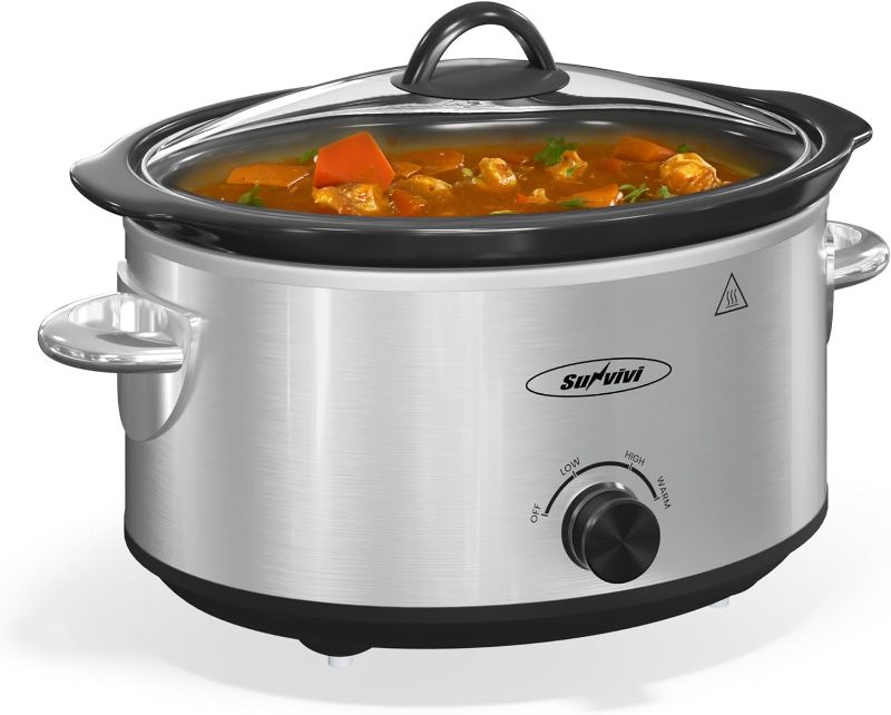 Photo 1 of Sunvivi Small Slow Cooker 4QT, Mini Food Warmer with 3 Heating Settings, Removable Ceramic Pot, Dishwasher Safe Glass Lid, Stainless Steel, Silver