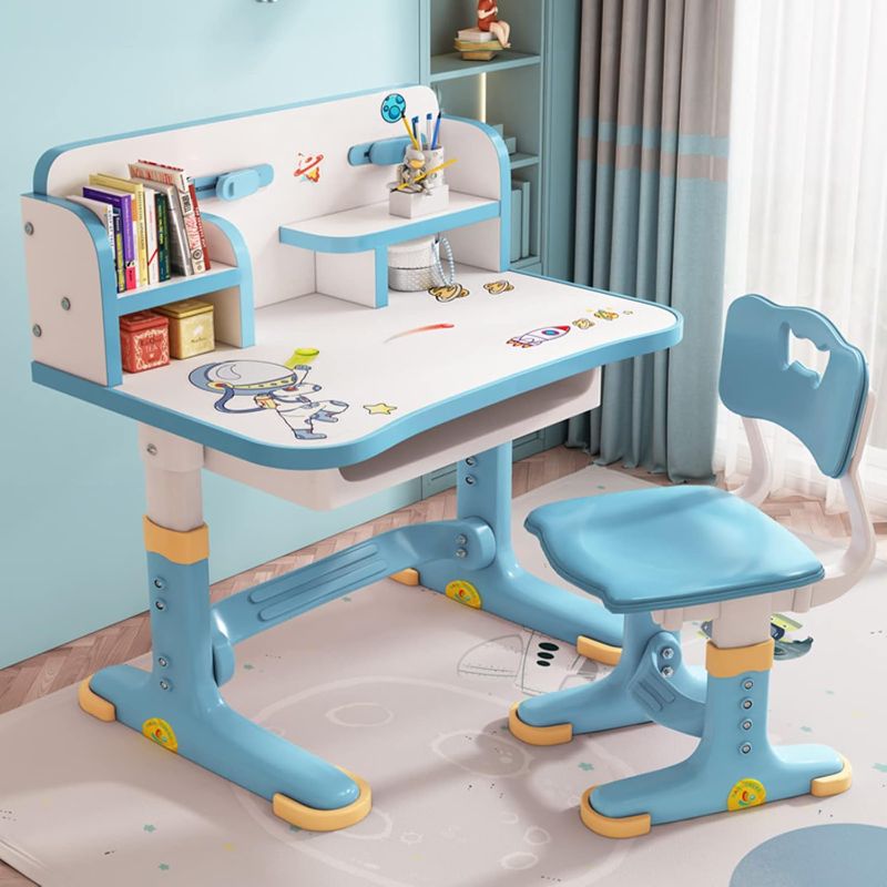 Photo 1 of Kids Desk and Chair Set with Drawer, Adjustable Height Study Desk for Kids with Storage Bins, Children Study Table, Student Writing Desk for Bedroom & Study Room, Blue, 3595561-yesbay
