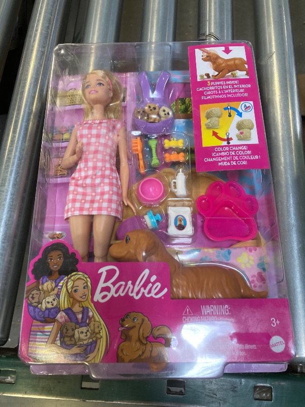 Photo 2 of Barbie Doll & Pets Set, Blonde with Mommy Dog, 3 Newborn Puppies with Color-Change Feature & Pet Accessories