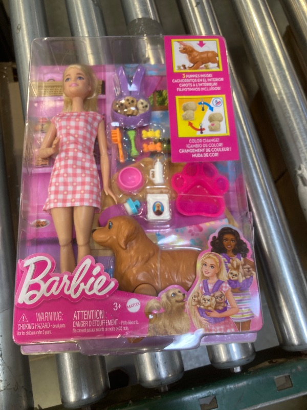 Photo 1 of Barbie Doll & Pets Set, Blonde with Mommy Dog, 3 Newborn Puppies with Color-Change Feature & Pet Accessories