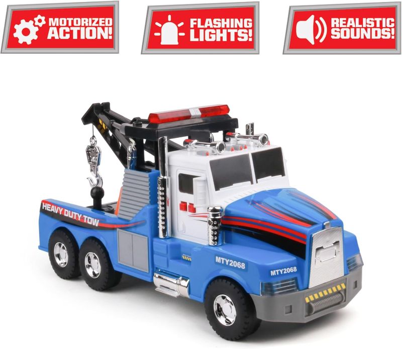 Photo 1 of Mighty Motorized Tow Truck Toy w/Lights & Sounds, Motorized Winch, Traffic Cones, Realistic Design