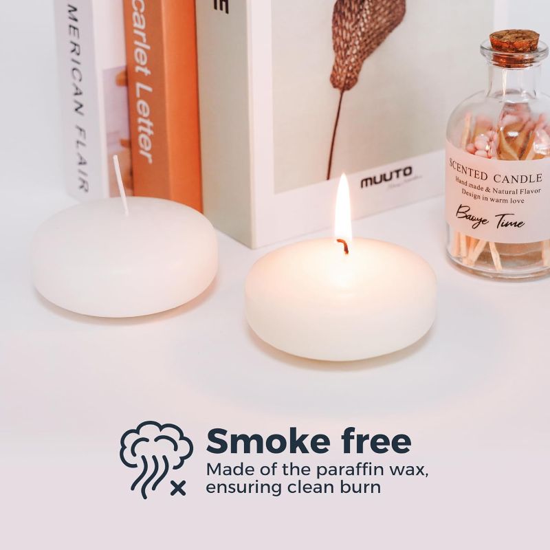 Photo 1 of 6pcs  8-9 Hour 3" White Floating Candles for Wedding, Unscented Dripless Wax Candles, Smokeless Candle, Perfect for Cylinder Vases, Centerpieces at Wedding, Pools, and Home