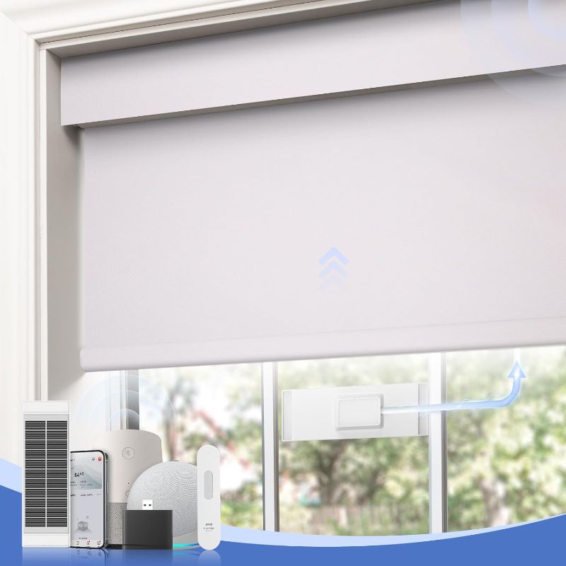 Photo 1 of Motorized Blinds with Remote,100% Blackout Smart Roller Blinds,Rechargeable Roller Shades,?Solar Panel Included? Electric Cordless Blinds with Cover Compatible with Alexa White 46 x 72- READ NOTES 
