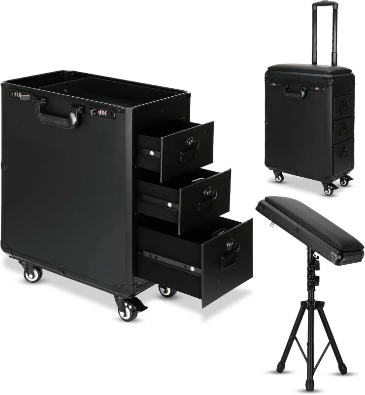 Photo 1 of Tattoo Trolley Case cart with 3 Drawers and Adjustable Portable Tattoo Workstation With 4 Universal Wheels and Combination Lock Tattoo Armrest Stand, for Beauty Stand Cosmetic Makeup Case
