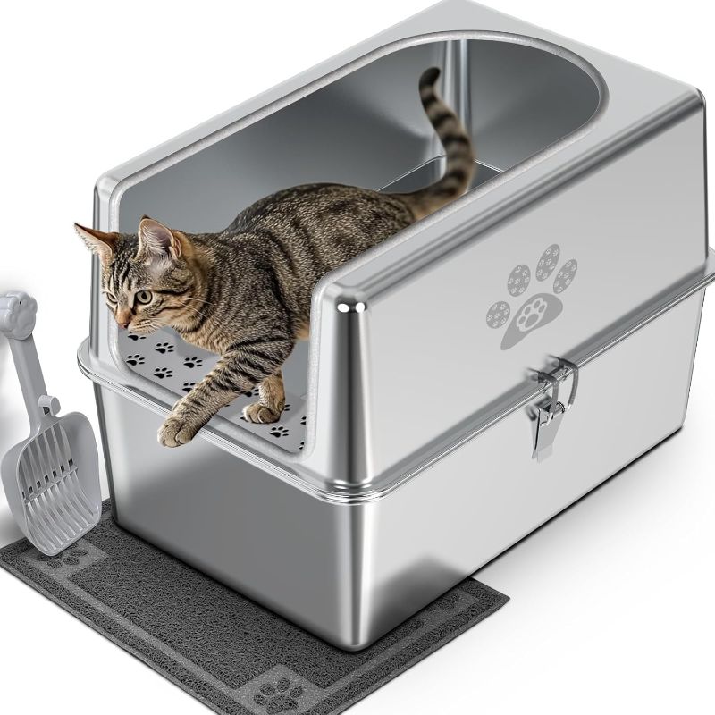 Photo 1 of Enclosed Stainless Steel Cat Litter Box with Lid, XL Metal Litter Box for Big Cats, Extra Large Cat Toilet with High Side, Non-Stick, Anti-Leakage, Odorless, with Cat Litter Mat & Litter Scoop
