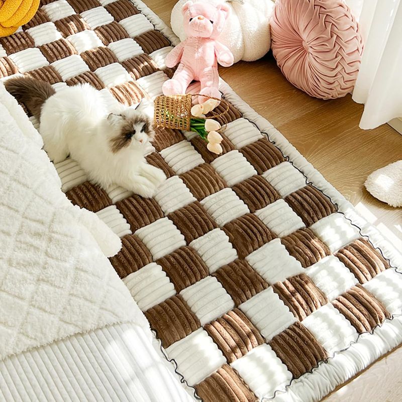 Photo 1 of Anti-Slip Pet Mat Bed Couch Cover,Cream-Coloured Plaid Square Funny Fuzzy Sofa Couch Furniture Protector, Fashion Cotton Protective Floor Mats For Most Cats Dogs Pet(Size:27.6*59.06 in,Color:Dark Brow
