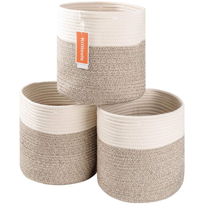 Photo 1 of  Kriitools Round Storage Bins Basket,Collapsible Woven Cotton Rope Decorative Storage Basket,Storage for Closet Shelf Toys Organizer Storage(White&Light Brown,3Pack) 