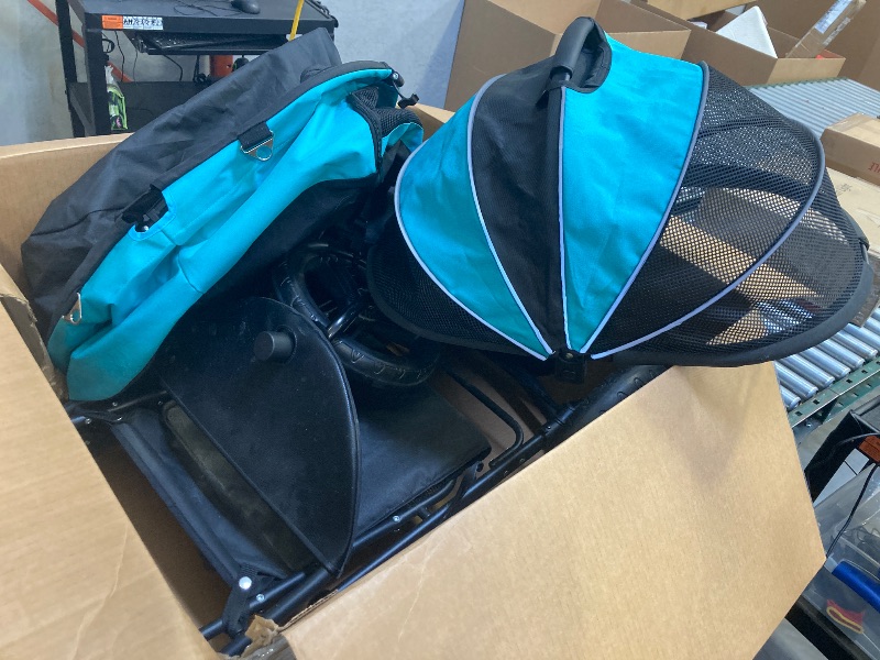 Photo 1 of 3 Wheels Pet Stroller, Foldable Dog Cat Cage Jogger Stroller with Weather Cover for All-Season, Storage Basket and Cup Holder, Breathable and Visible Mesh for Small/Medium Pets, Blue