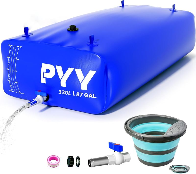 Photo 1 of  PYY Portable 87 Gallon Water Bladder for Truck Bed & Carrier Cart Water Bob Bathtub Emergency Water Bladder for Outdoor RV & Car Camping Water Storage Bladder with Spigots and Overflow Kit-Blue 330L 