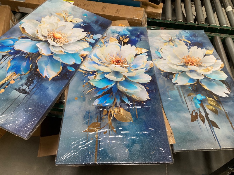 Photo 1 of AJAZIKO Large Wall Art For Living Room Floral Wall Art Modern Paintings For Wall Decorations Abstract Flower Canvas Wall Art Navy Blue 3 Piece Wall Art Bedroom Artwork 24×48in×3