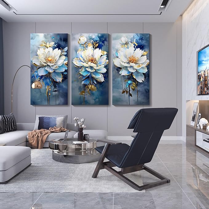 Photo 1 of AJAZIKO Large Wall Art For Living Room Floral Wall Art Modern Paintings For Wall Decorations Abstract Flower Canvas Wall Art Navy Blue 3 Piece Wall Art Bedroom Artwork 24×48in×3