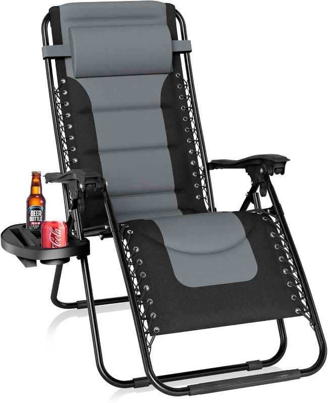 Photo 1 of  PHI VILLA Padded Zero Gravity Lounge Chair Folding Patio Recliner with Adjustable Headrest & Cup Holder, Support 350 LBS (Grey) 