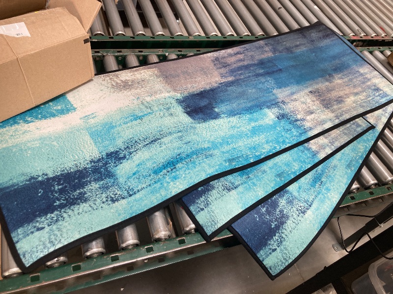 Photo 1 of Abstract Art Kitchen Mats 3 Piece, Geometric Teal Blue and Gray Abstract Kitchen Rugs Set Painting Art Graffiti Inside Floor Mat for Kitchen/Office/Entryway, 20 INCH WIDTH, 5 FT, 4 FT, AND 2.5 FEET LENGTHS