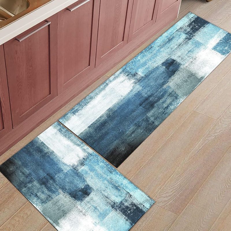 Photo 1 of Abstract Art Kitchen Mats 3 Piece, Geometric Teal Blue and Gray Abstract Kitchen Rugs Set Painting Art Graffiti Inside Floor Mat for Kitchen/Office/Entryway, 20 INCH WIDTH, 5 FT, 4 FT, AND 2.5 FEET LENGTHS