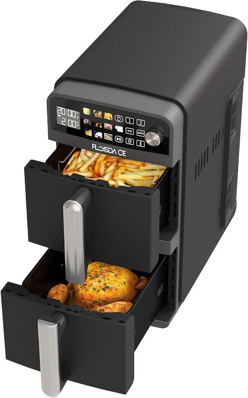 Photo 1 of  10-QT Dual Large Air Fryer, XL 2-Basket Air Fryer, 10-in-1 Technology Double Cooks 4 Foods at Once, Smart Finish & Match Cook, Air Fry, Broil,Bake, Easy Meals, Easy Clean and Dishwasher Safe, Black. 