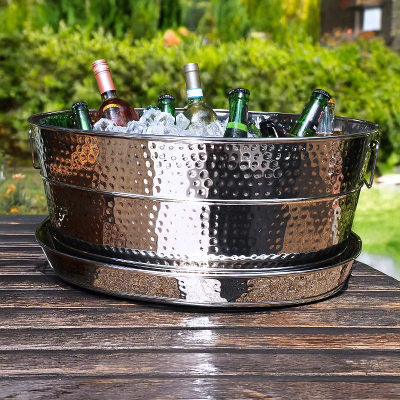 Photo 1 of Aspen Metal Beverage Tub with Tray Hammered Stainless Steel | BREKX