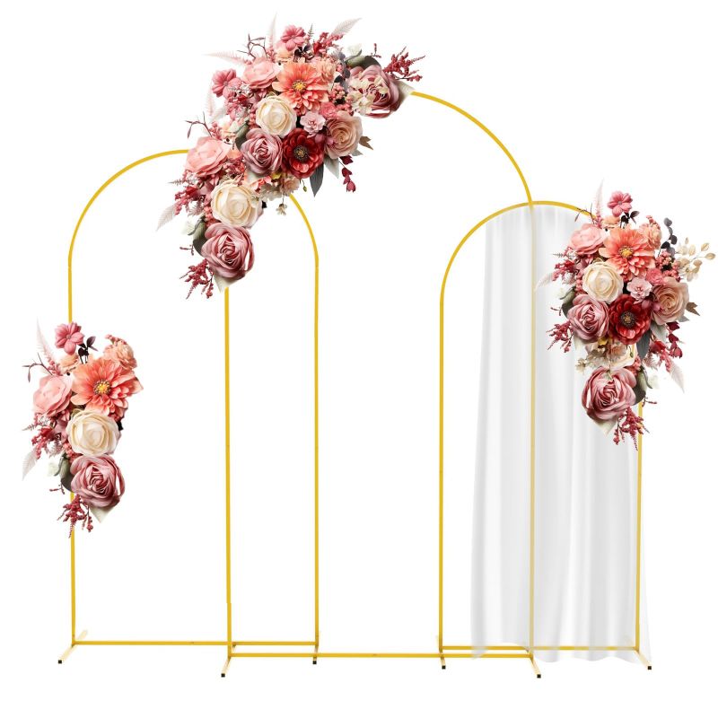 Photo 1 of ToiULik Metal Arch Backdrop Stand 7.2FT, 6.6FT, 6FT Set of 3 Sturdy Gold Wedding Arch Stand Arched Backdrop Frame for Wedding Birthday Party Baby Shower Graduation Ceremony Decoration